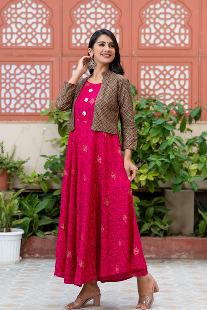 Anam jaipuri Gold Printed Designer Jacket Kurta In Pink