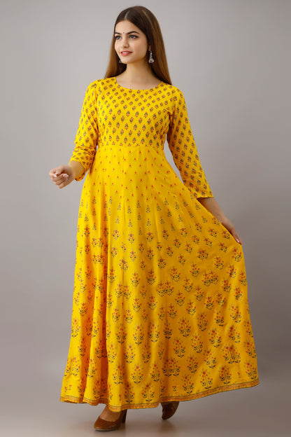 Anam jaipuri Gold Printed Anarkali Flared Kurta In Lemon Yellow