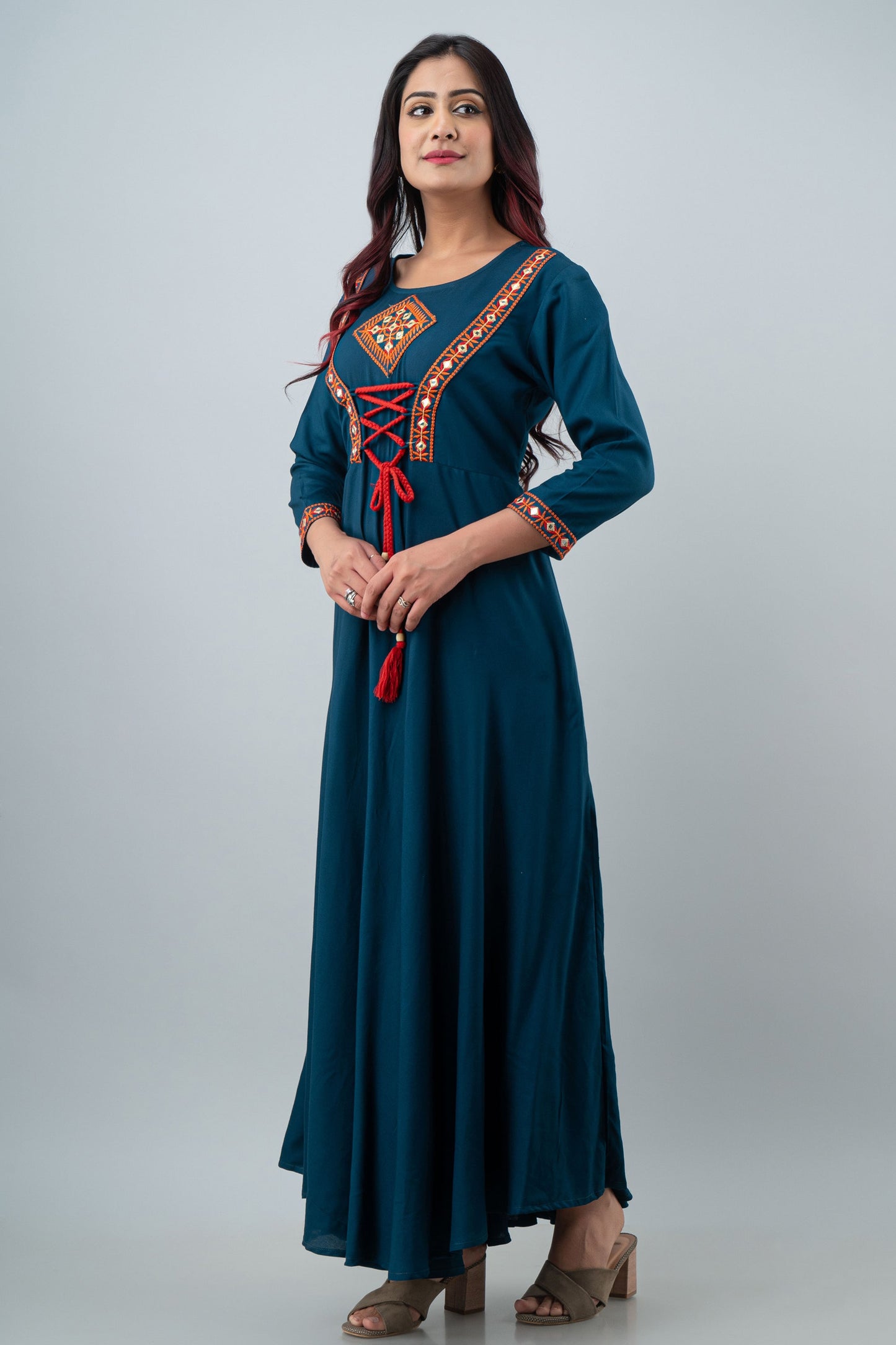 Anam jaipuri Teal Blue Embroidered Tie Up Flared Long Kurta