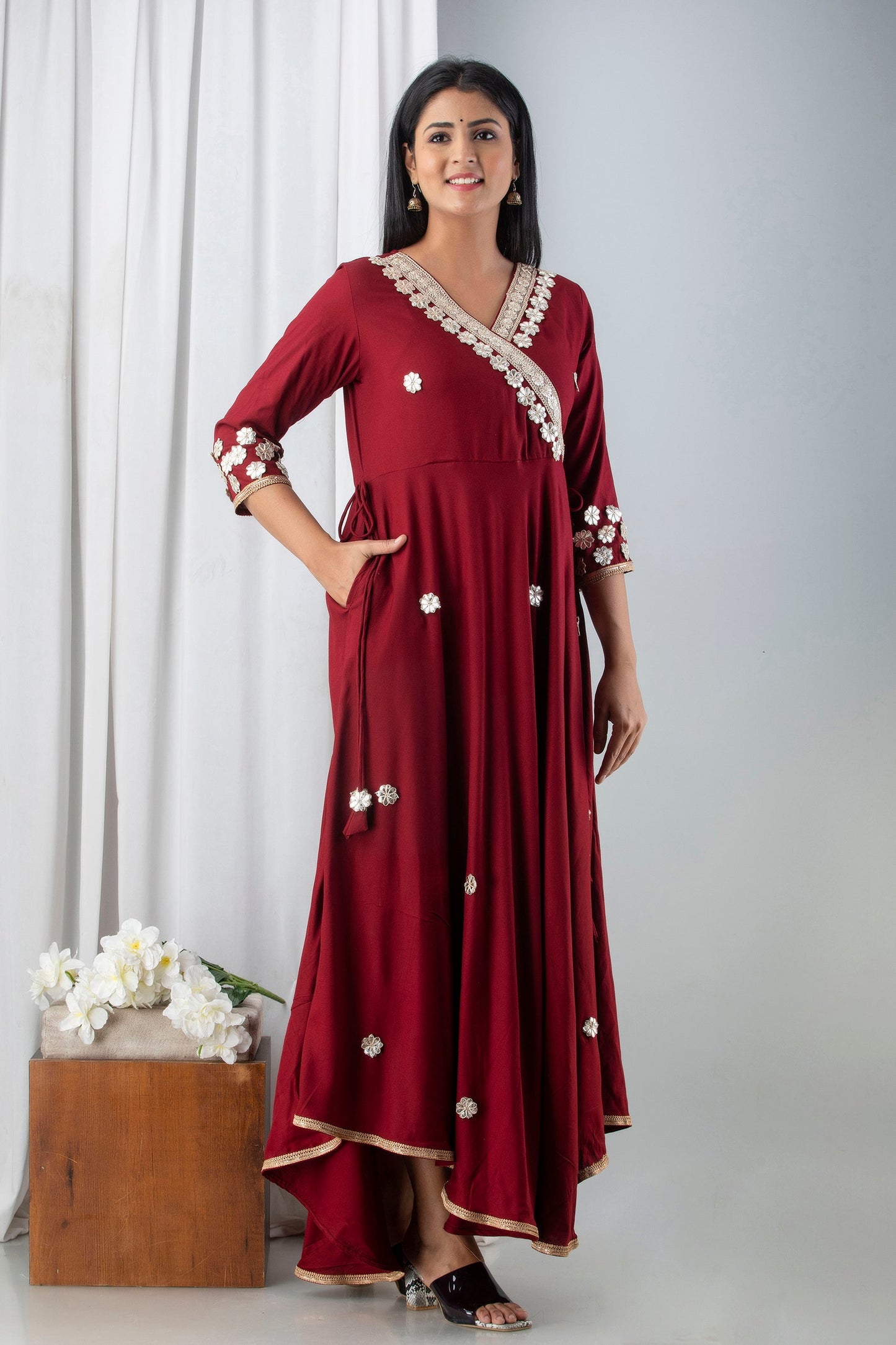 Anam jaipuri  Maroon Gotta Patti Embroidered Festive & Wedding Wear Flared Long Kurta