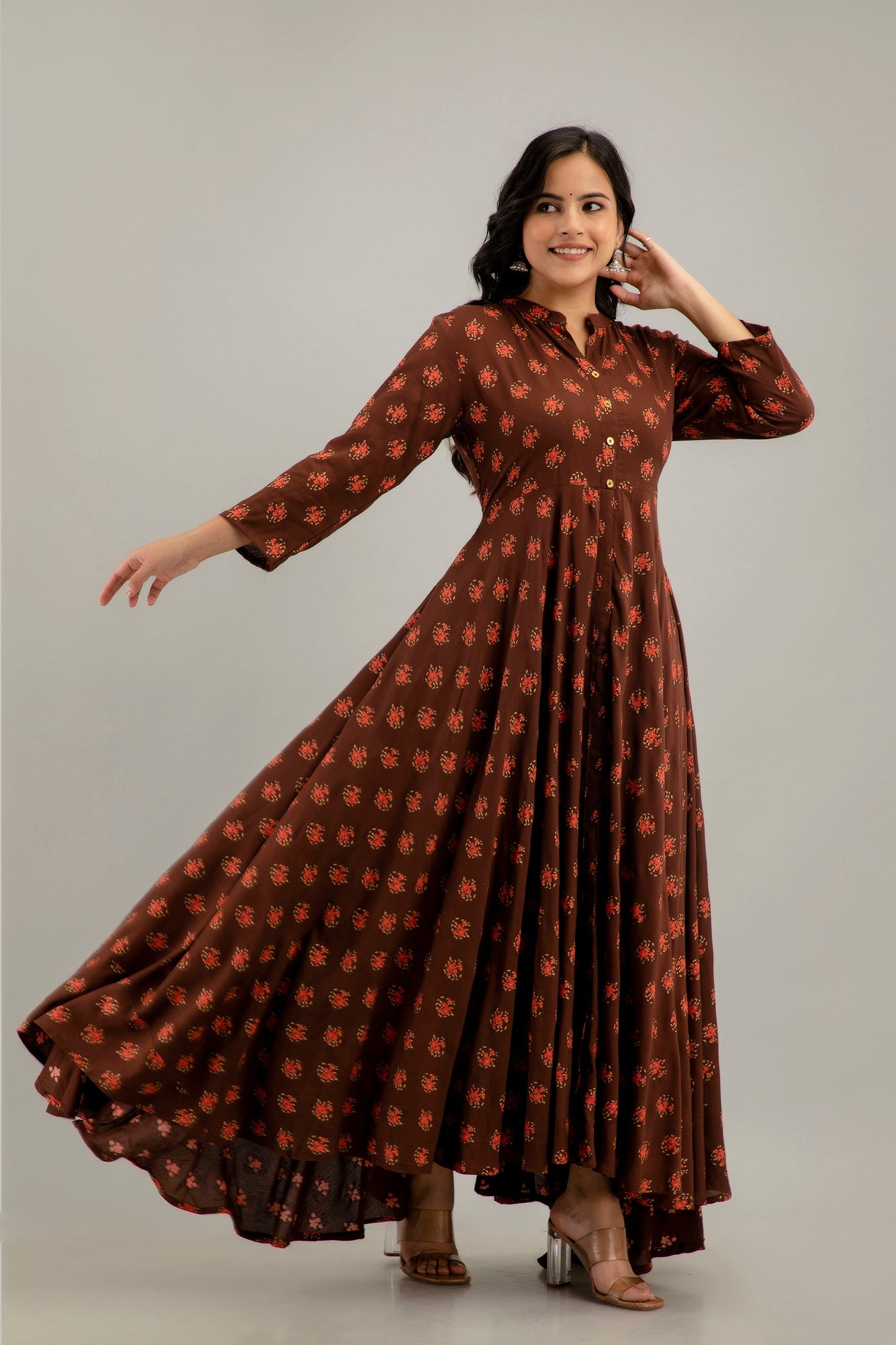 Anam jaipuri Long Flared Printed Kurta in Brown