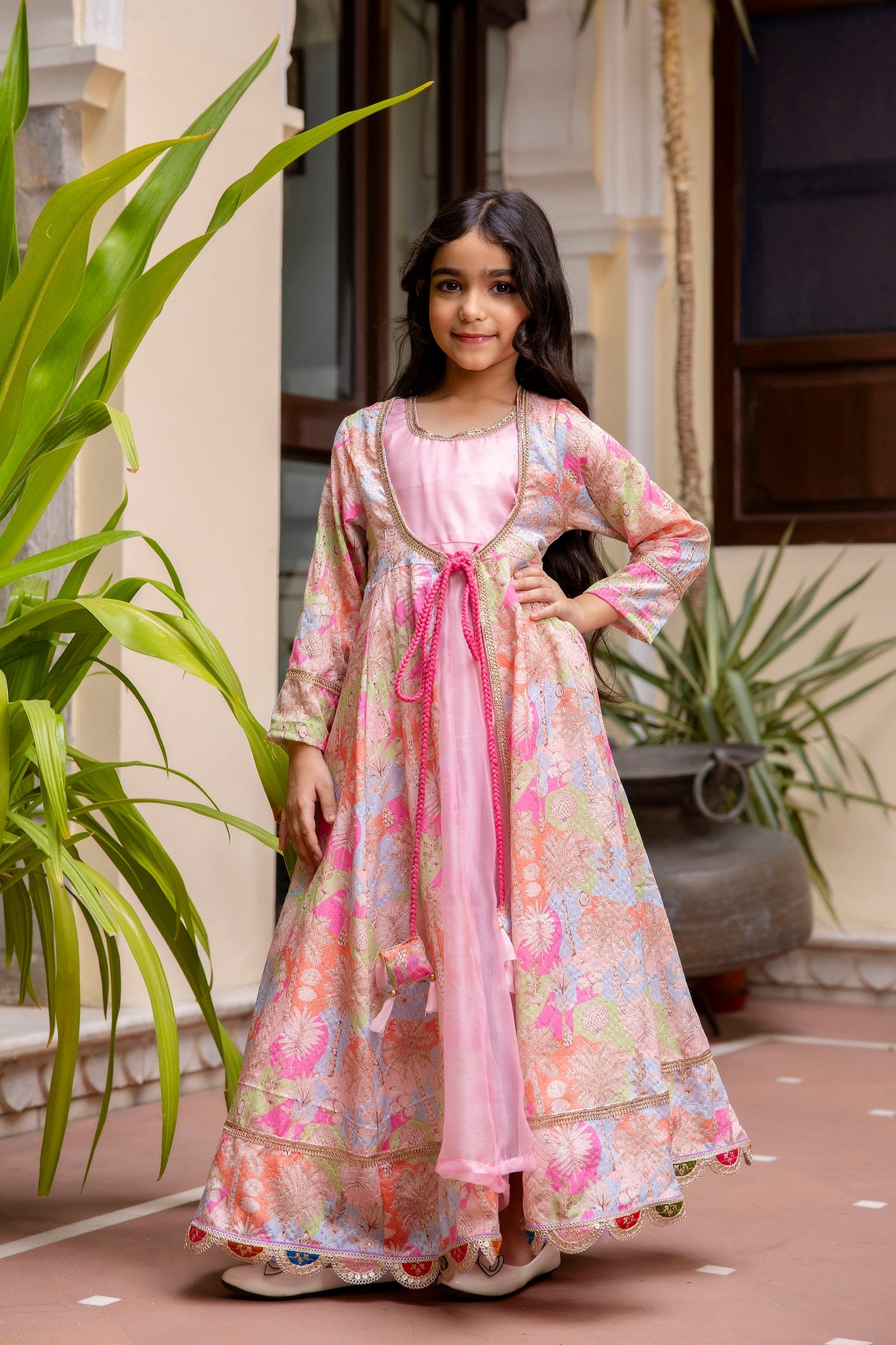 Girls Pink Anarkali Kurta With Sequence Work Shrug