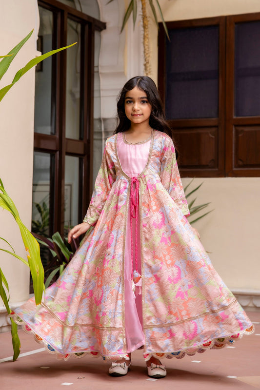 Girls Pink Anarkali Kurta With Sequence Work Shrug