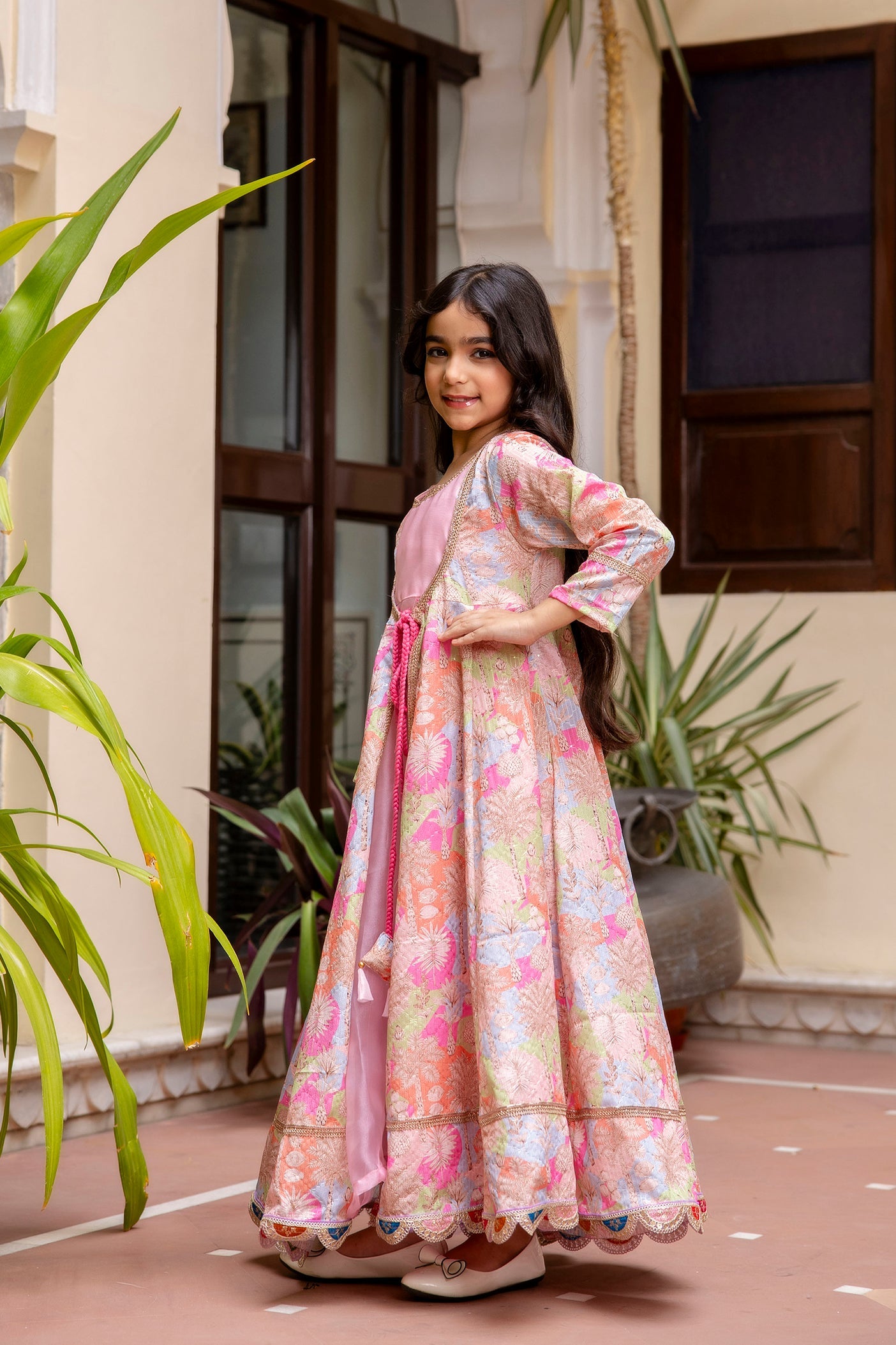 Girls Pink Anarkali Kurta With Sequence Work Shrug