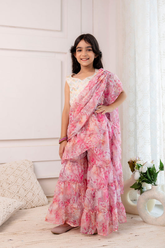 Girls Embroidered Choli with Ready to Wear Sharara Saree in Pink