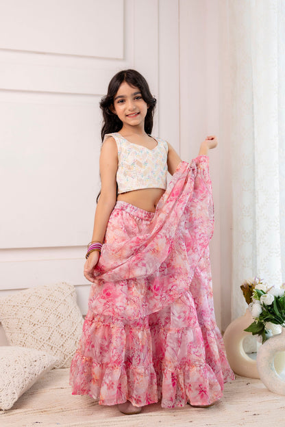 Girls Embroidered Choli with Ready to Wear Sharara Saree in Pink