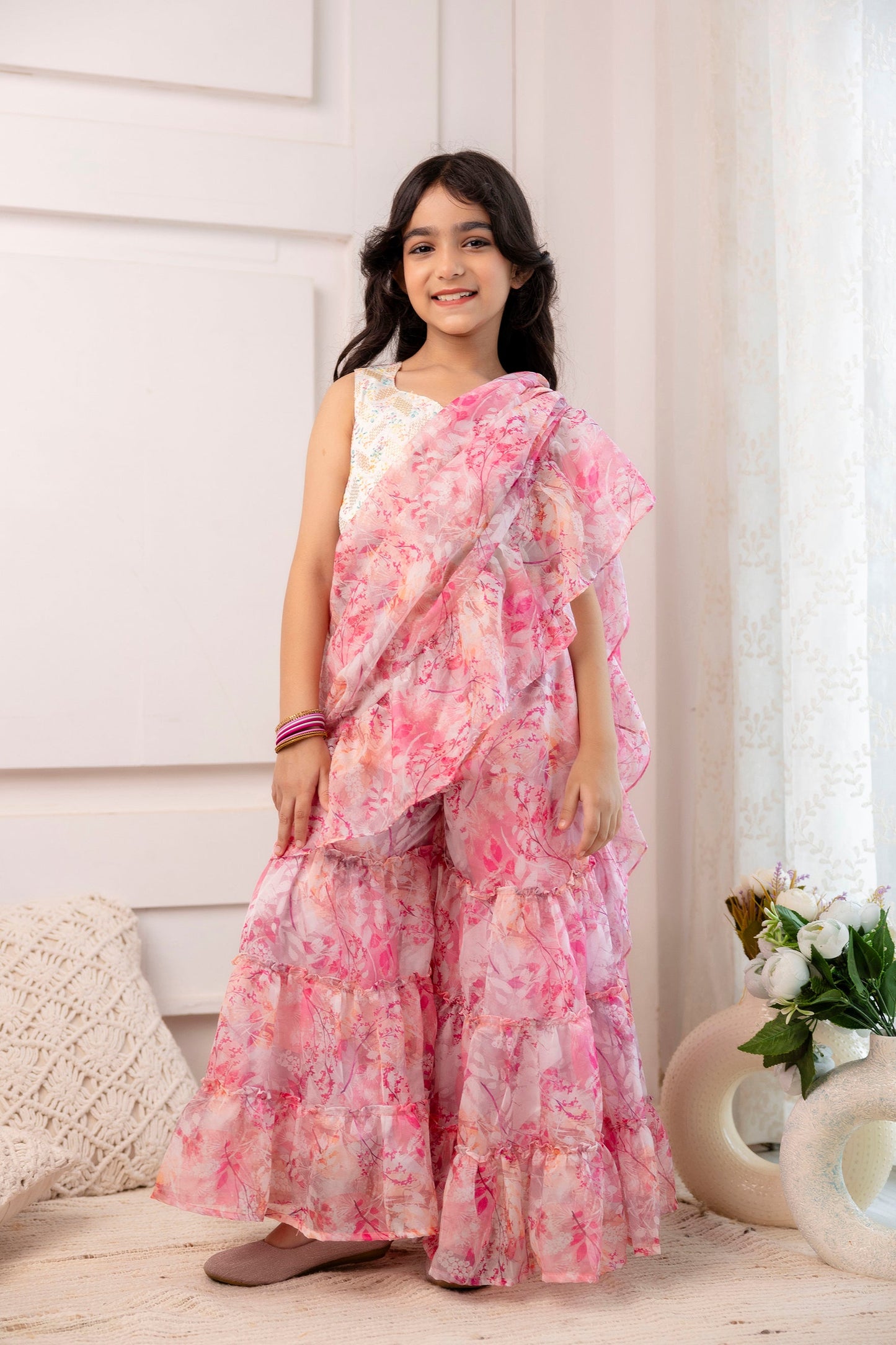 Girls Embroidered Choli with Ready to Wear Sharara Saree in Pink