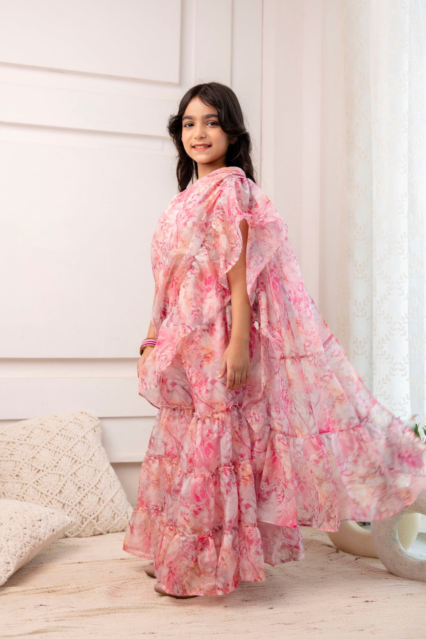 Girls Embroidered Choli with Ready to Wear Sharara Saree in Pink