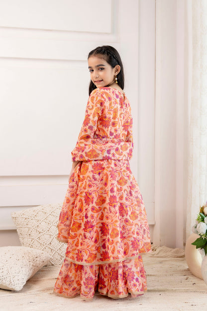 Girls' Organza Open-Front Kurta with Skirt & Dupatta