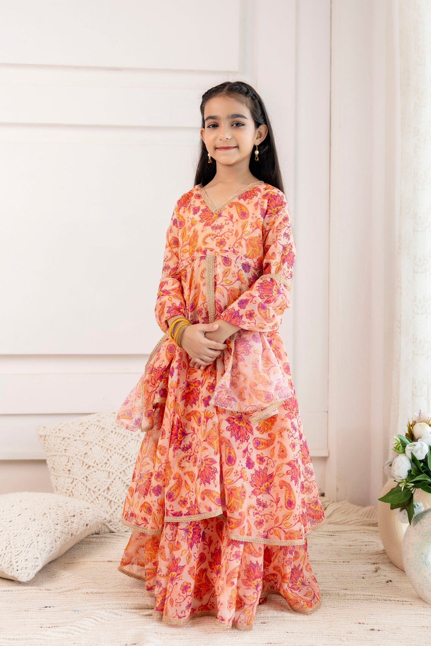 Girls' Organza Open-Front Kurta with Skirt & Dupatta