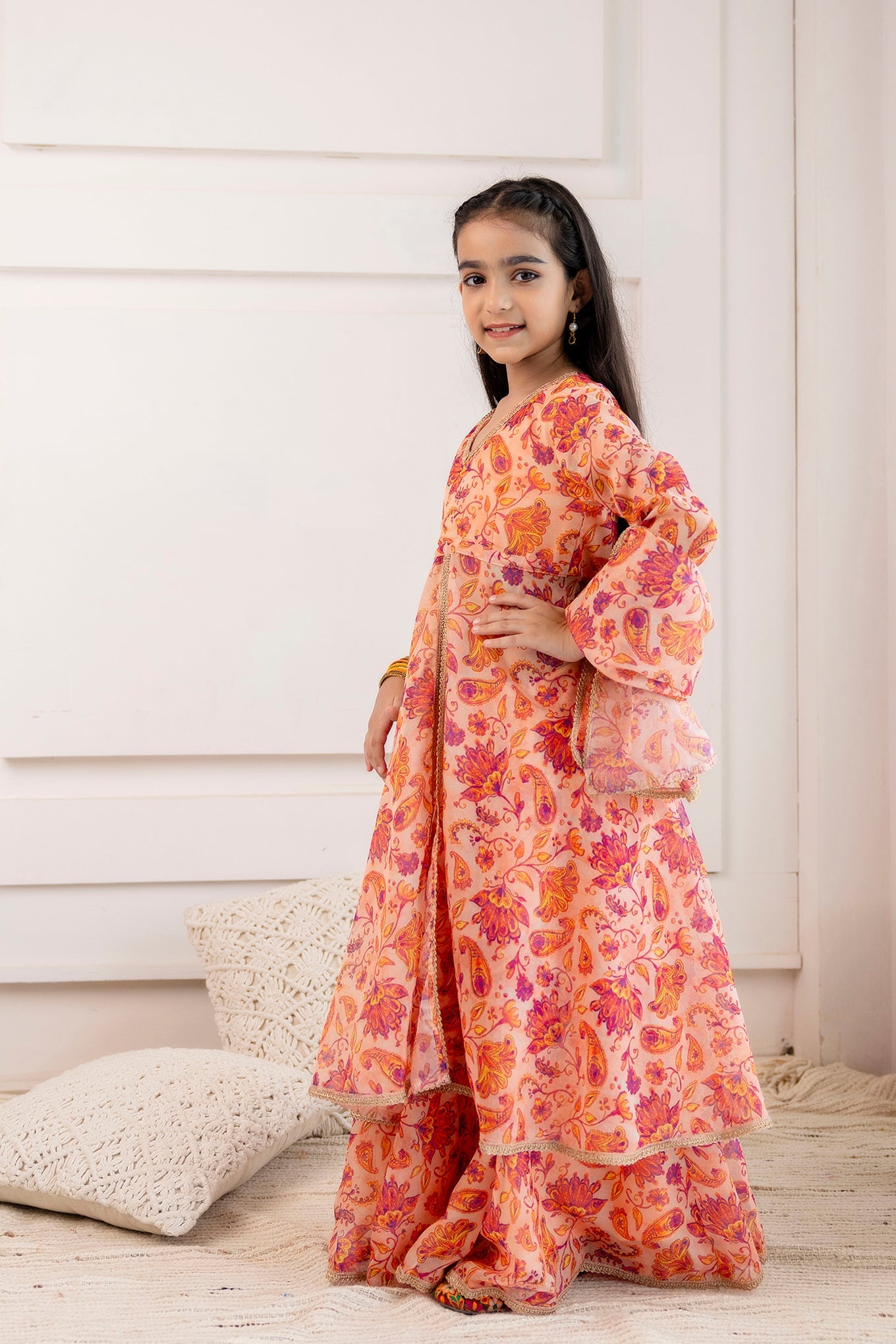 Girls' Organza Open-Front Kurta with Skirt & Dupatta