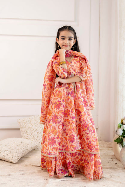 Girls' Organza Open-Front Kurta with Skirt & Dupatta