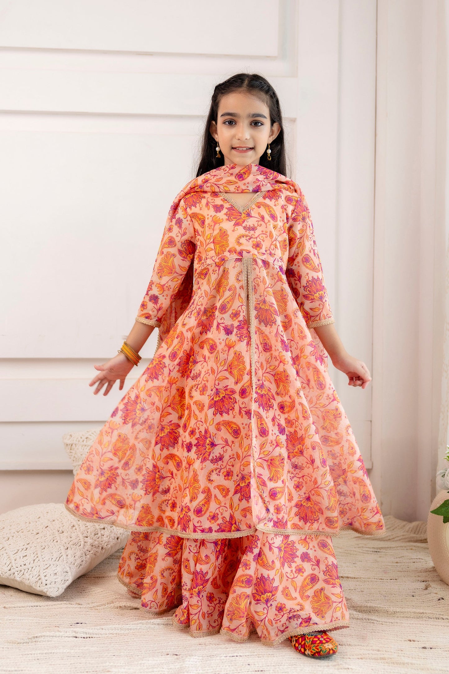 Girls' Organza Open-Front Kurta with Skirt & Dupatta