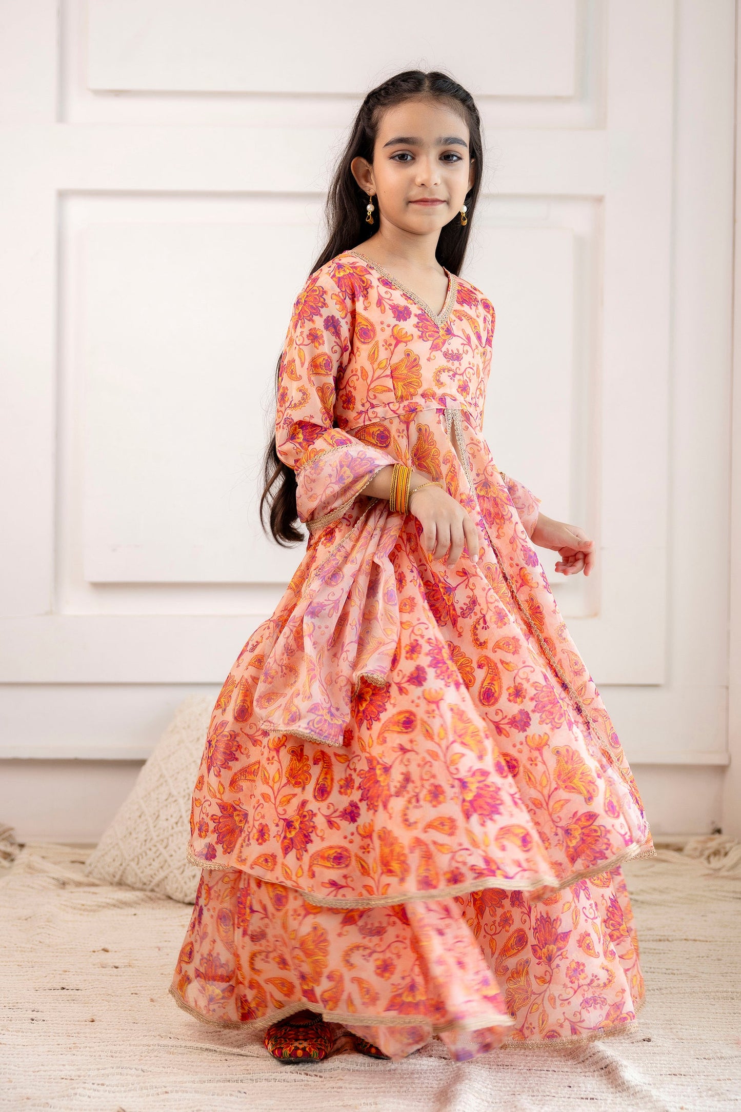 Girls' Organza Open-Front Kurta with Skirt & Dupatta