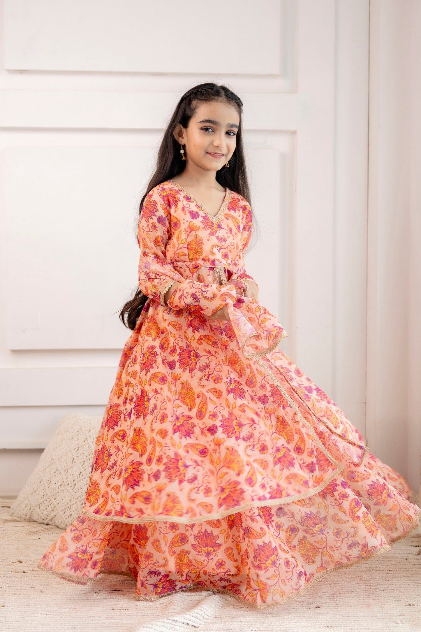 Girls' Organza Open-Front Kurta with Skirt & Dupatta