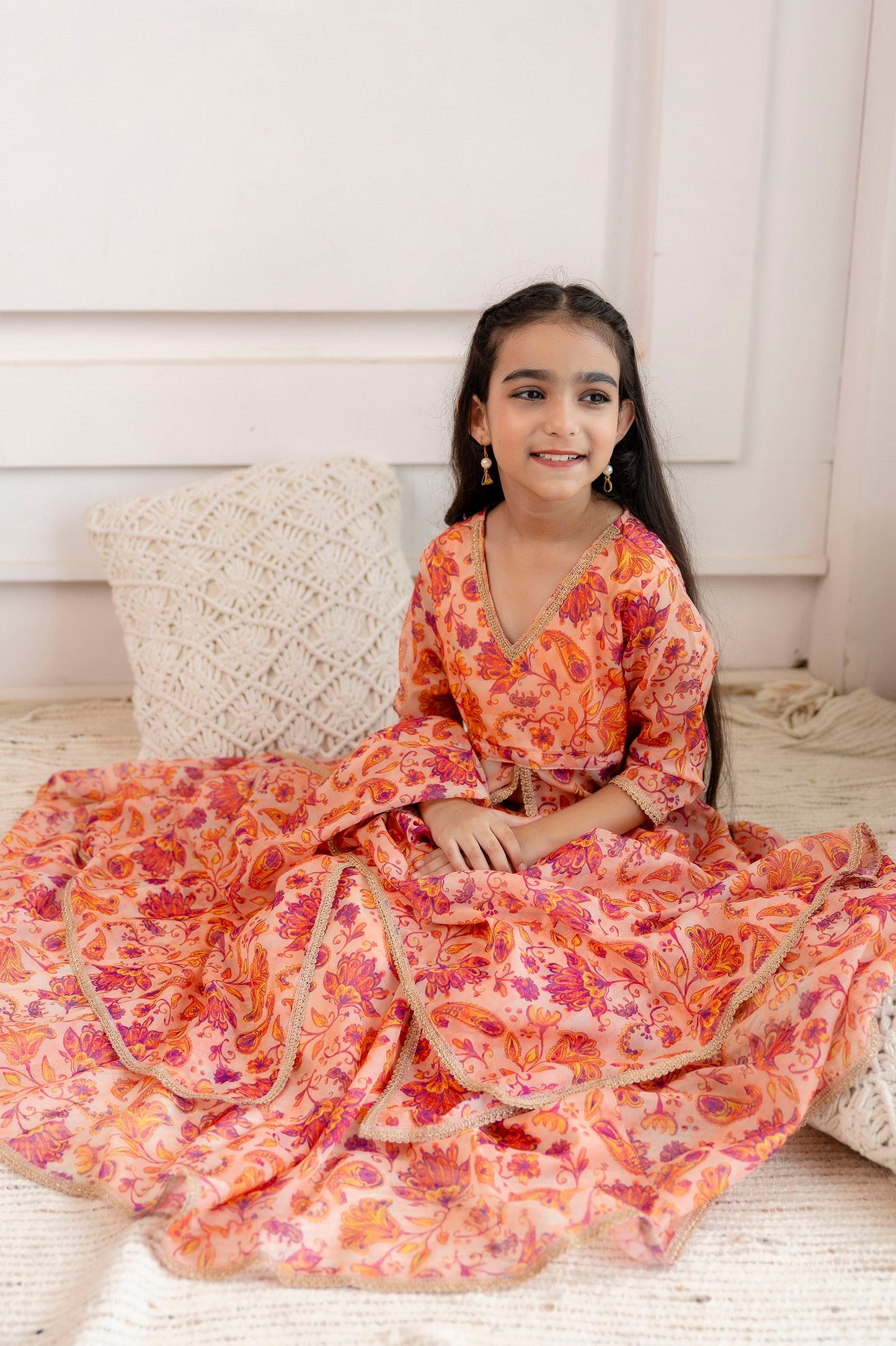 Girls' Organza Open-Front Kurta with Skirt & Dupatta