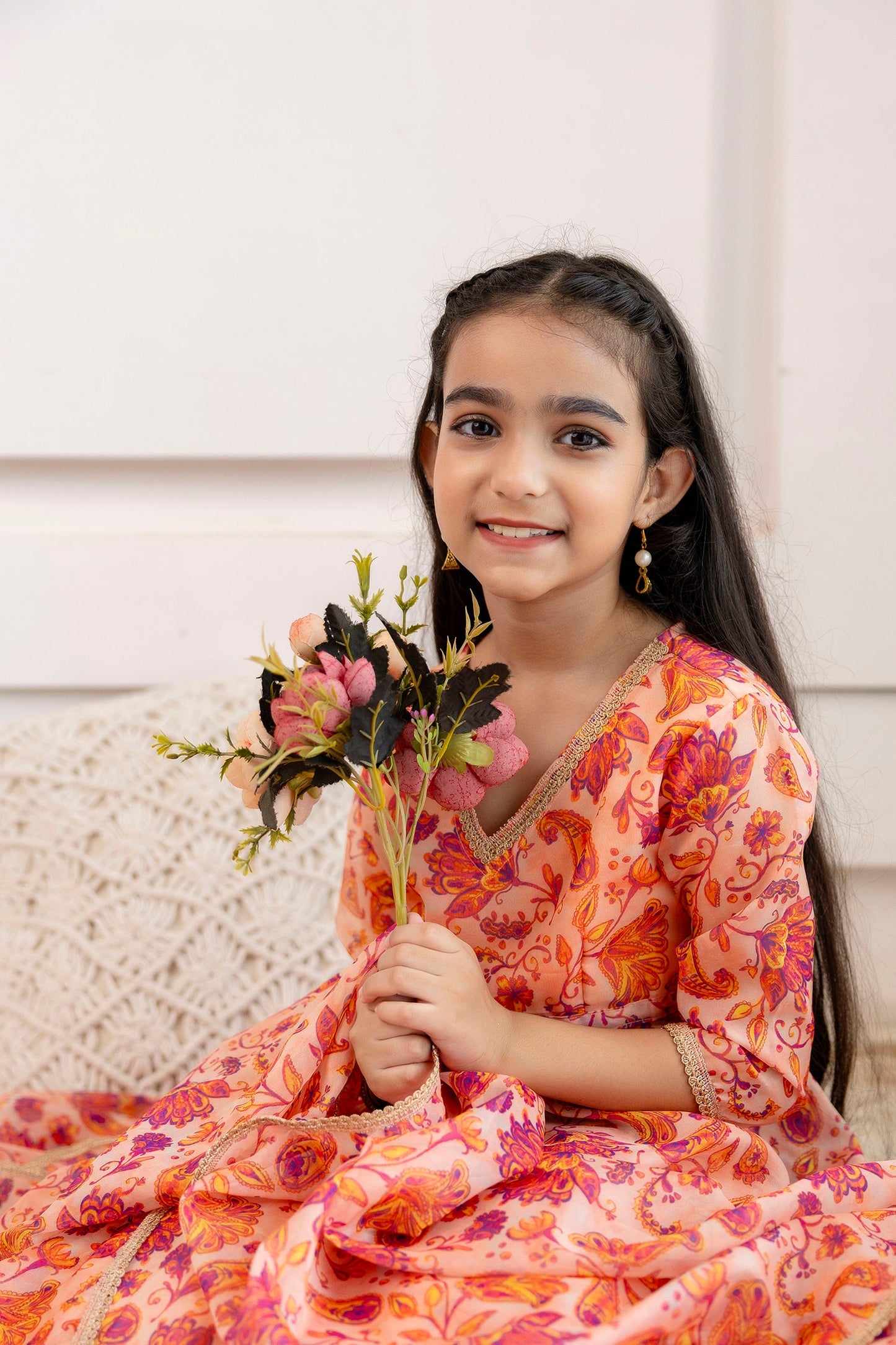 Girls' Organza Open-Front Kurta with Skirt & Dupatta