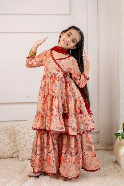 Girls' Festive Printed Angrakha Kurta & Sharara with Dupatta