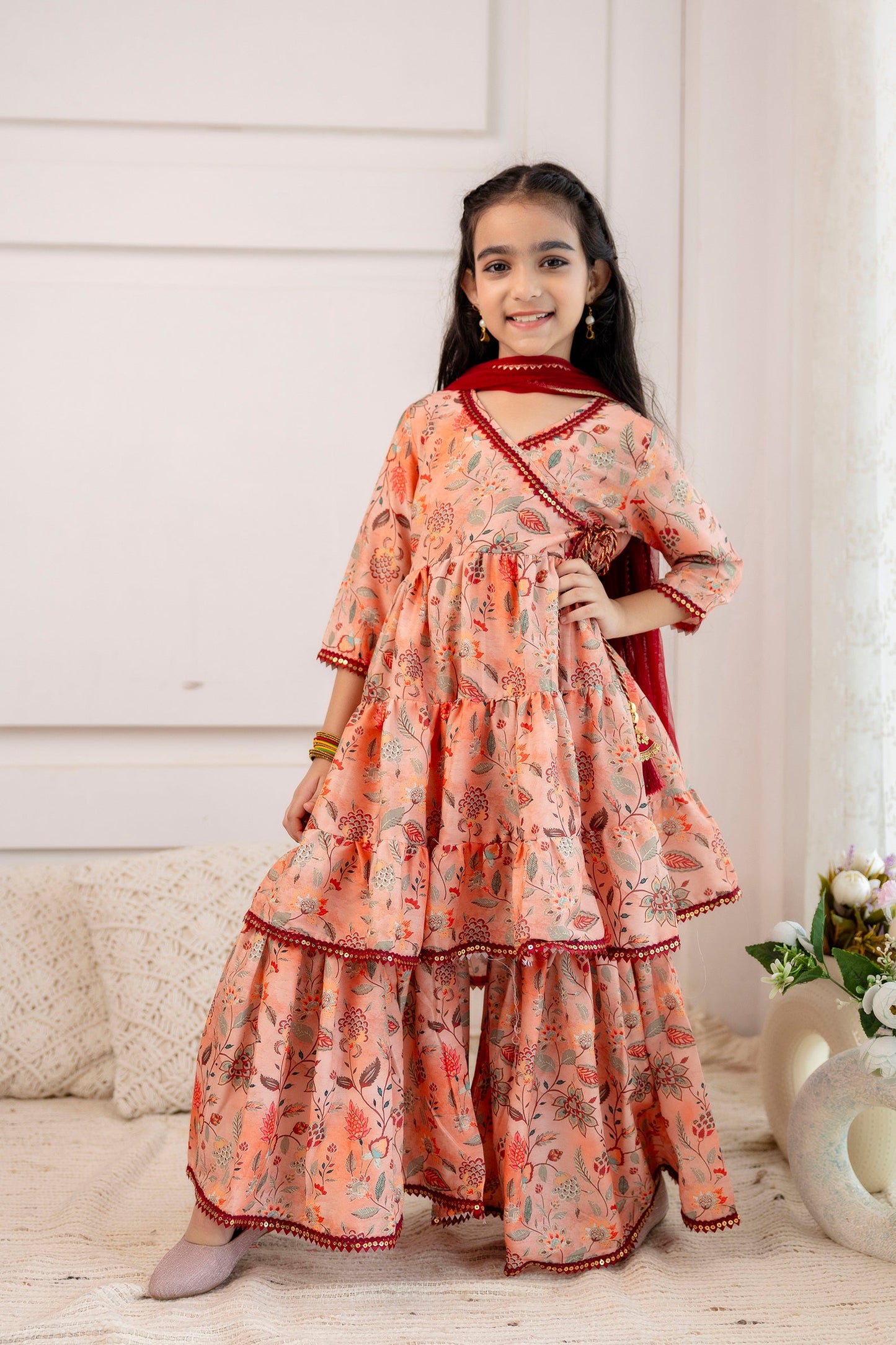 Girls' Festive Printed Angrakha Kurta & Sharara with Dupatta