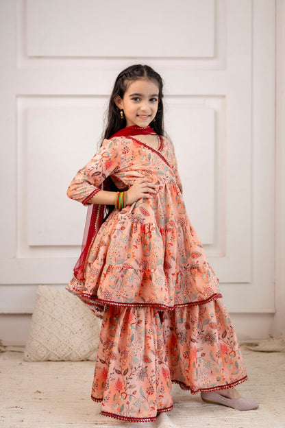 Girls' Festive Printed Angrakha Kurta & Sharara with Dupatta