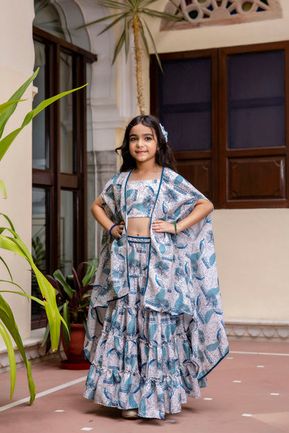 Girls' Peacock Print Top & Skirt with Stylish Shrug