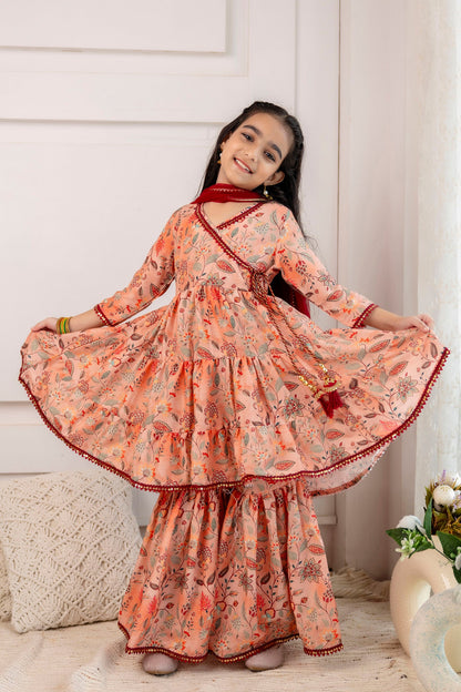 Girls' Festive Printed Angrakha Kurta & Sharara with Dupatta