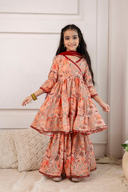 Girls' Festive Printed Angrakha Kurta & Sharara with Dupatta