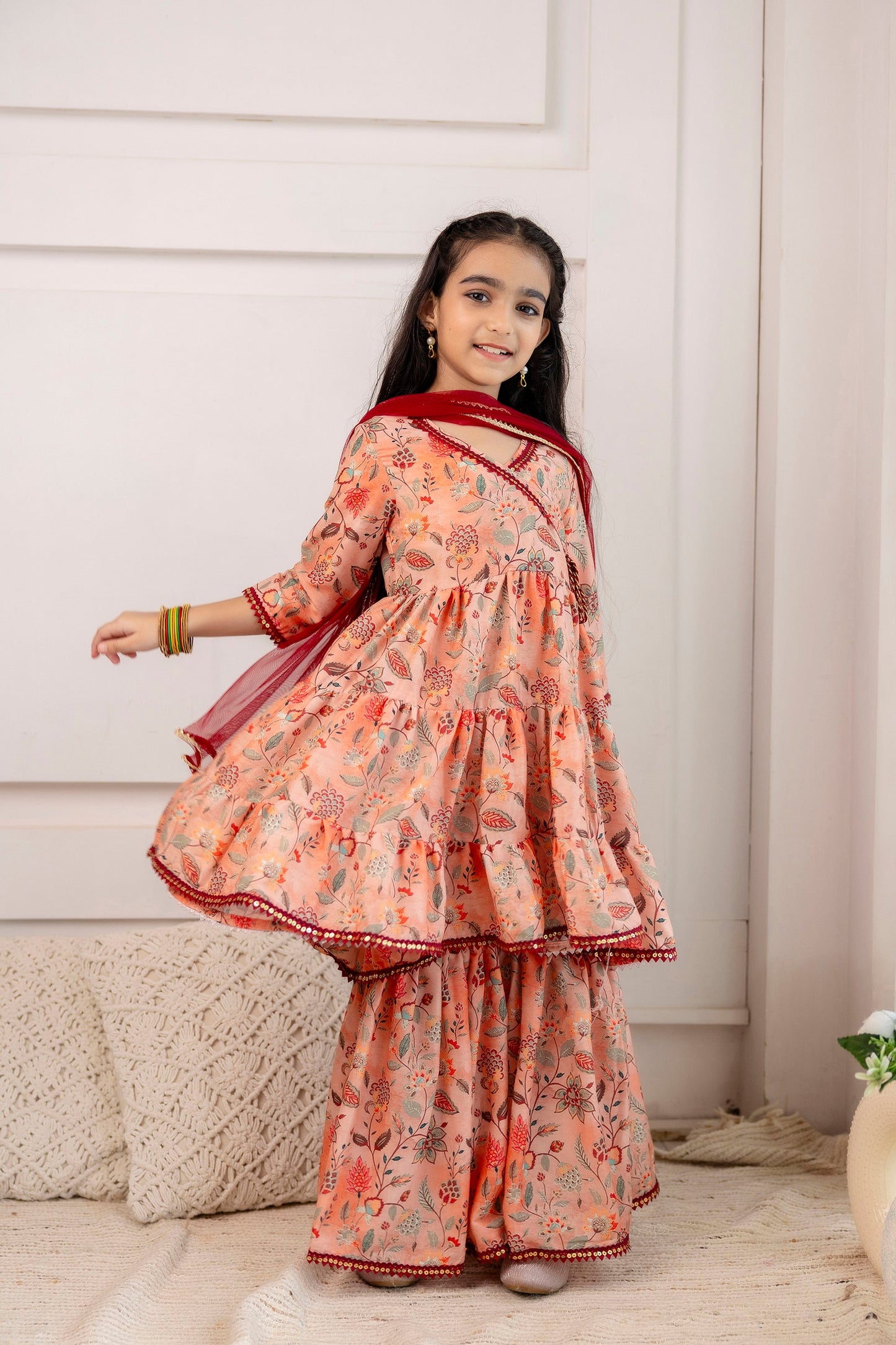 Girls' Festive Printed Angrakha Kurta & Sharara with Dupatta