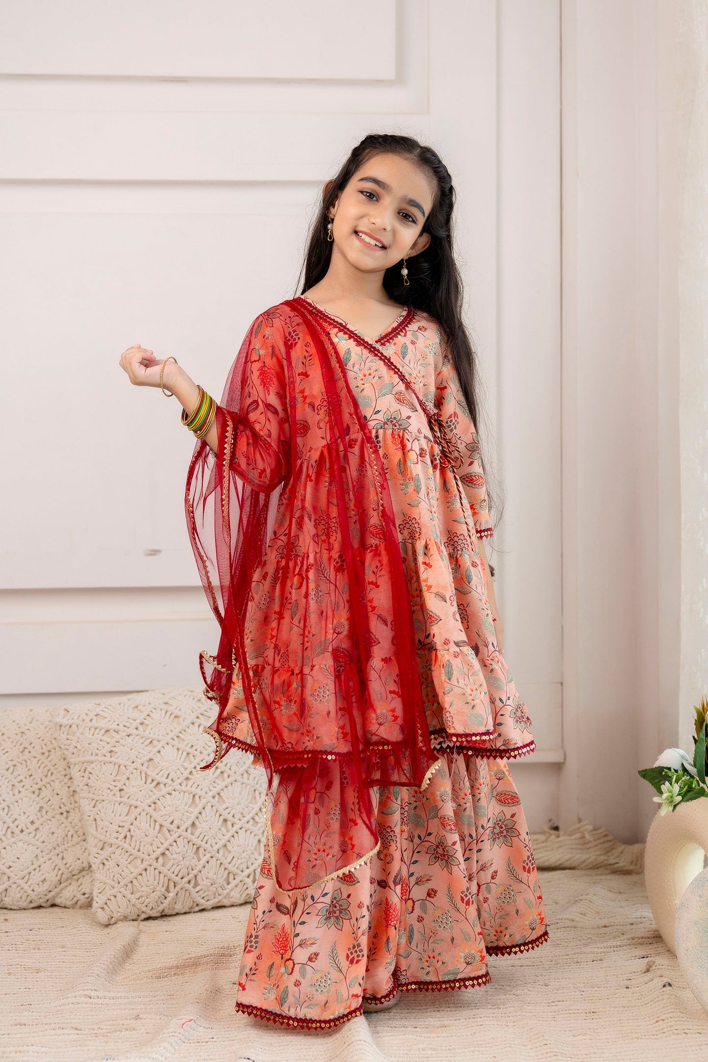 Girls' Festive Printed Angrakha Kurta & Sharara with Dupatta