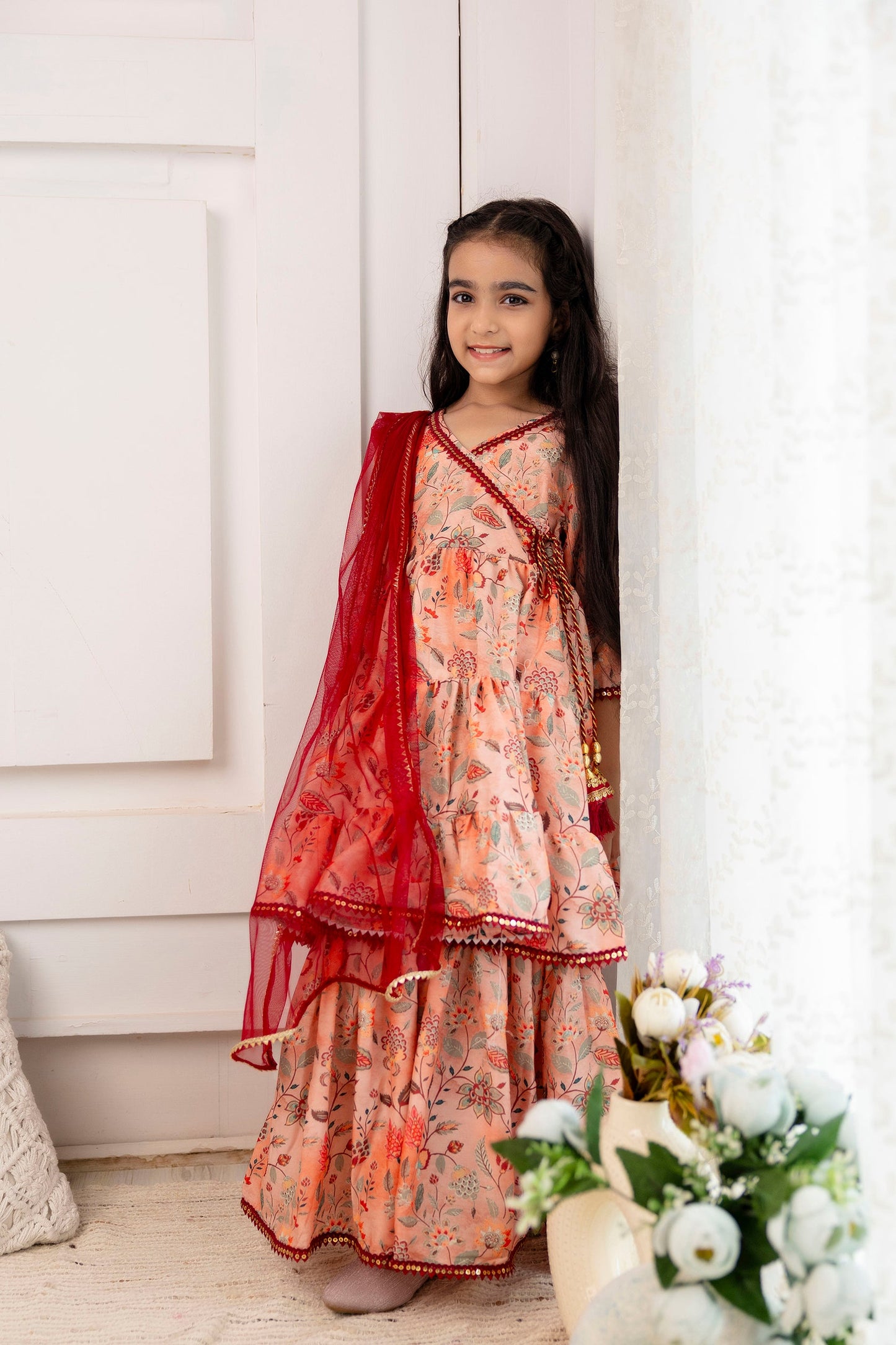 Girls' Festive Printed Angrakha Kurta & Sharara with Dupatta