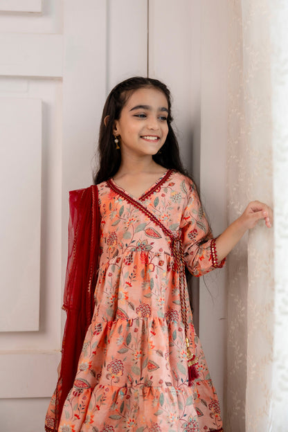 Girls' Festive Printed Angrakha Kurta & Sharara with Dupatta