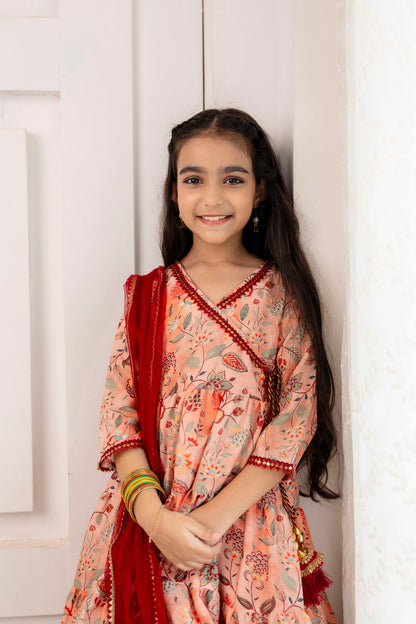 Girls' Festive Printed Angrakha Kurta & Sharara with Dupatta