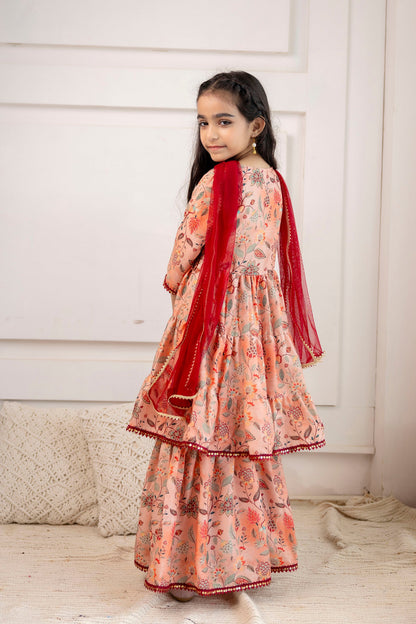 Girls' Festive Printed Angrakha Kurta & Sharara with Dupatta