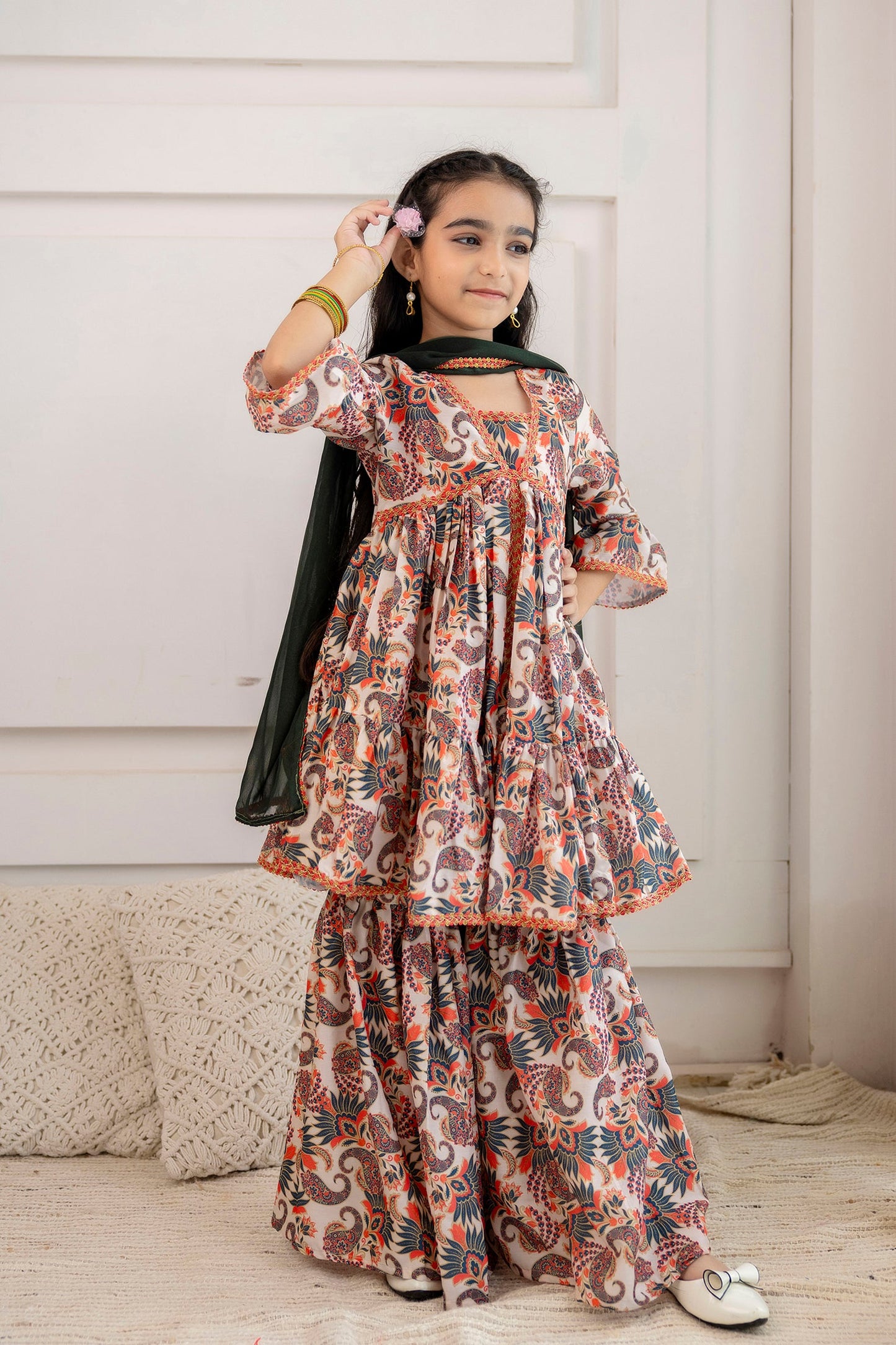 Anam jaipuri  Girls Festive Printed Aliya-Cut Kurta & Sharara With Dupatta