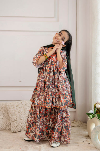 Anam jaipuri  Girls Festive Printed Aliya-Cut Kurta & Sharara With Dupatta