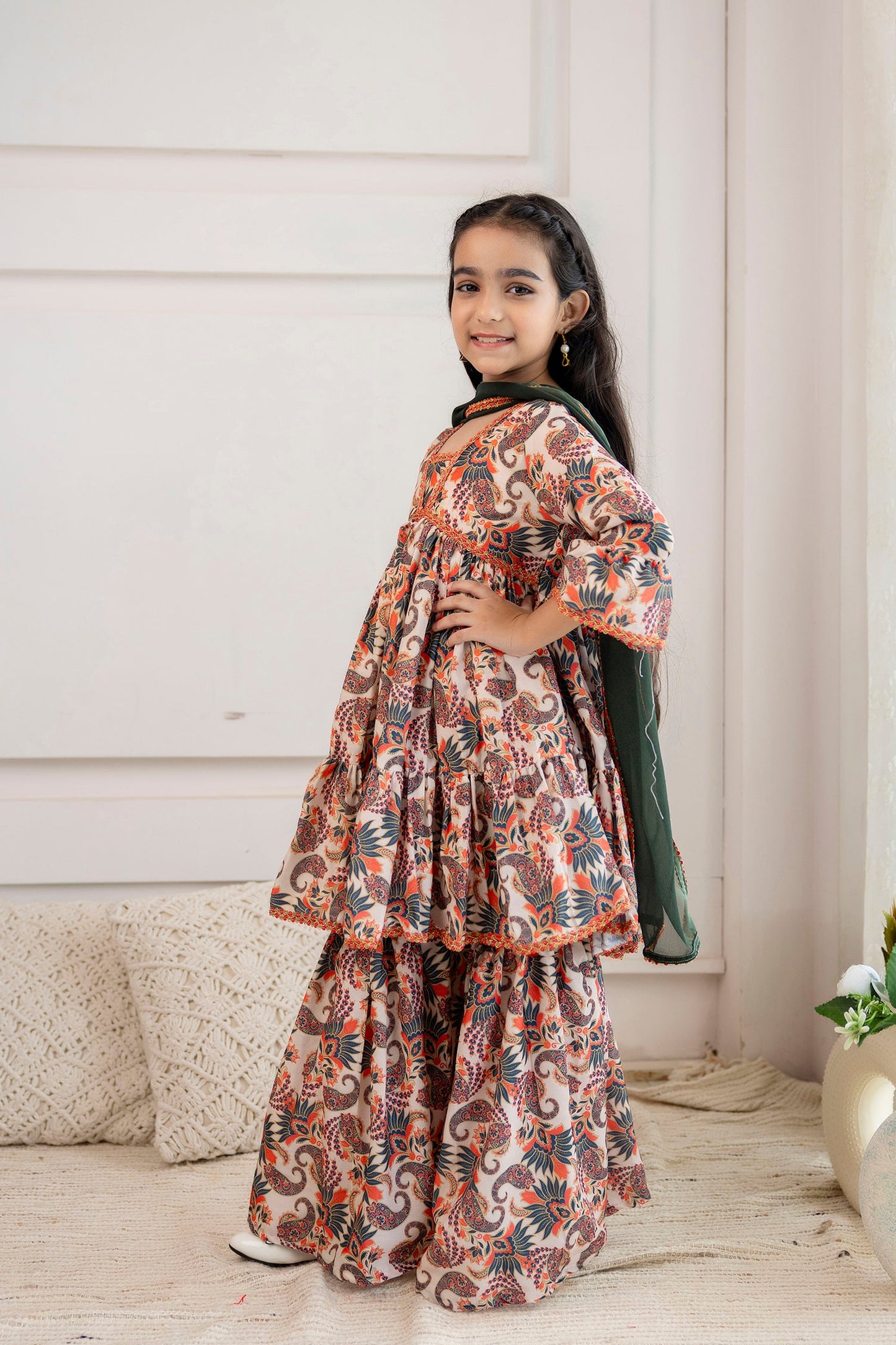 Anam jaipuri  Girls Festive Printed Aliya-Cut Kurta & Sharara With Dupatta