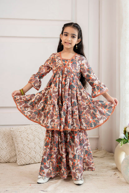 Anam jaipuri  Girls Festive Printed Aliya-Cut Kurta & Sharara With Dupatta