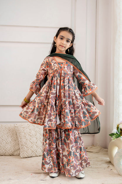 Anam jaipuri  Girls Festive Printed Aliya-Cut Kurta & Sharara With Dupatta