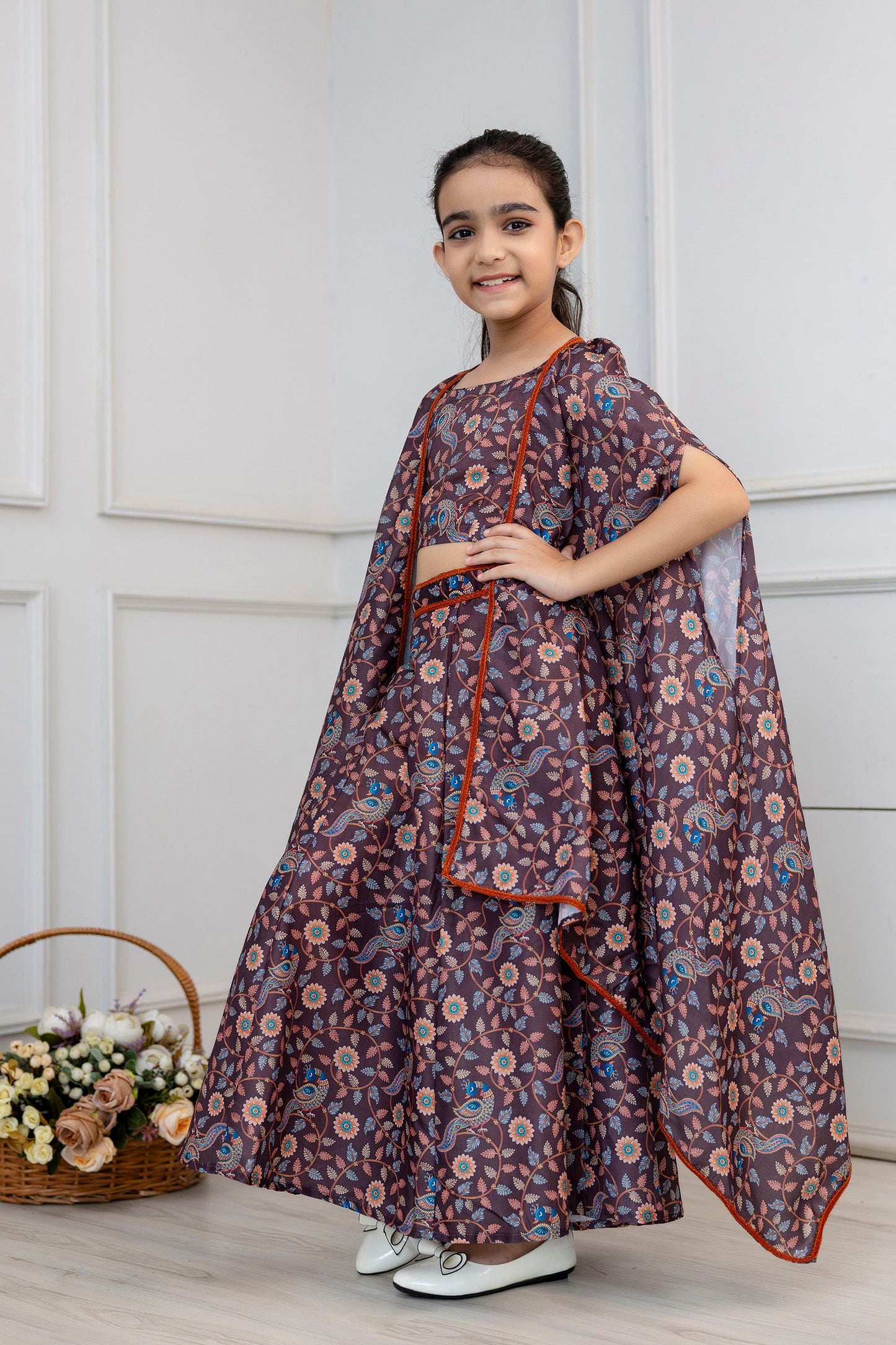 Girls Peacock Print Top and Skirt With Shrug in Brown