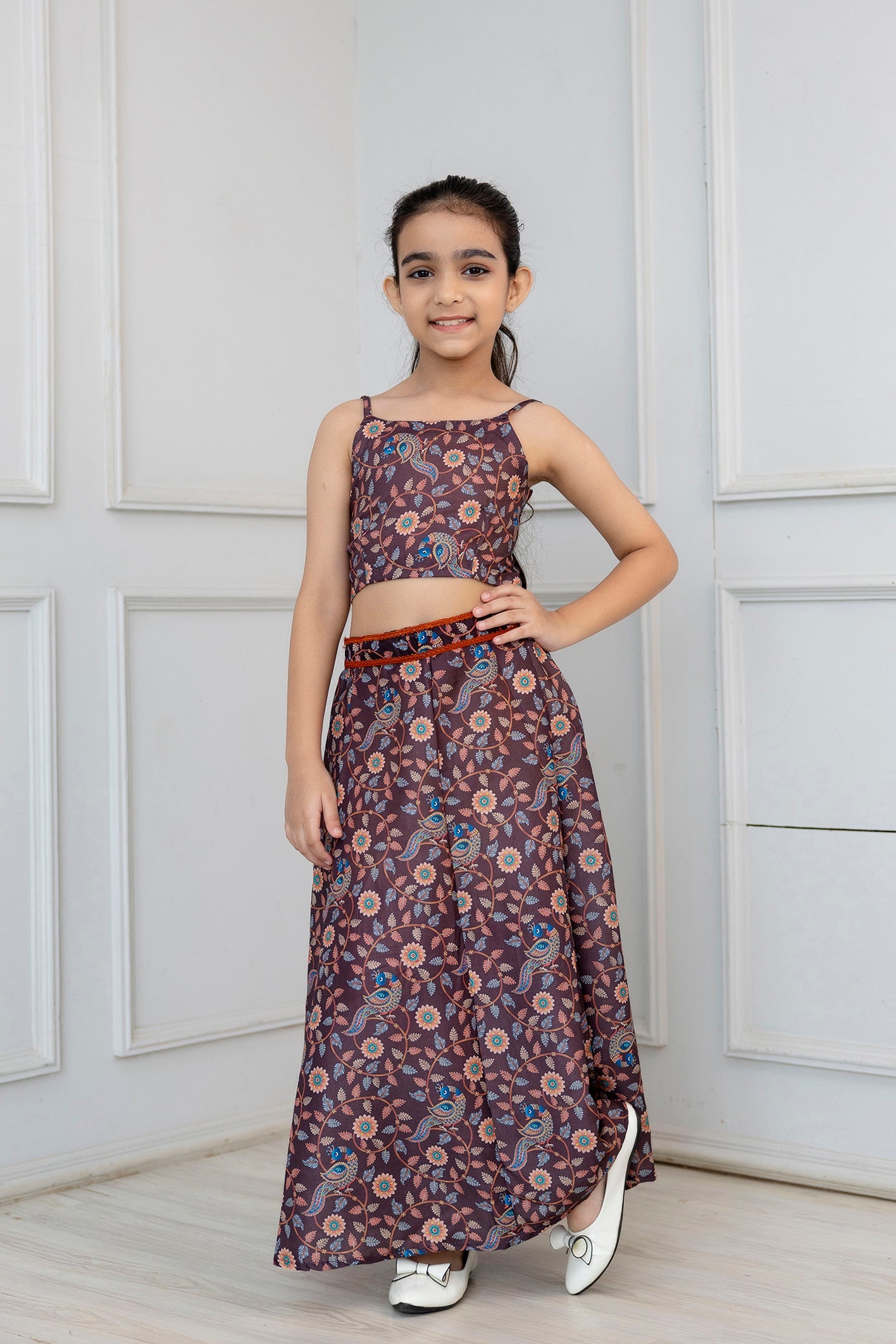 Girls Peacock Print Top and Skirt With Shrug in Brown