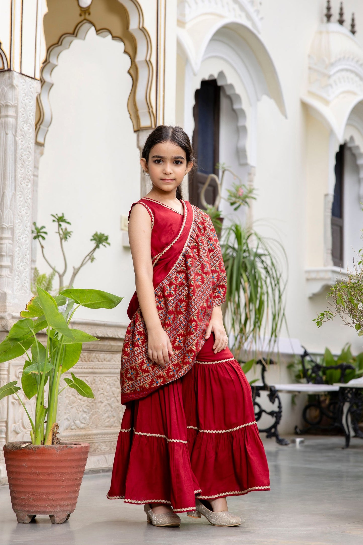 Girls Ethnic Pre-Drapped Sharara Saree