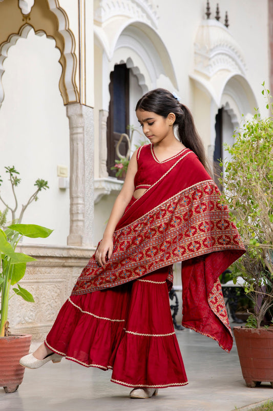 Girls Ethnic Pre-Drapped Sharara Saree