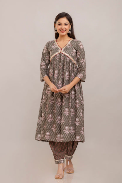 Anam jaipuri Cotton Printed Alia Cut Dupatta Set