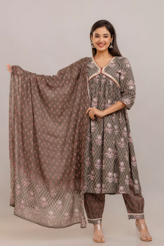 Anam jaipuri Cotton Printed Alia Cut Dupatta Set