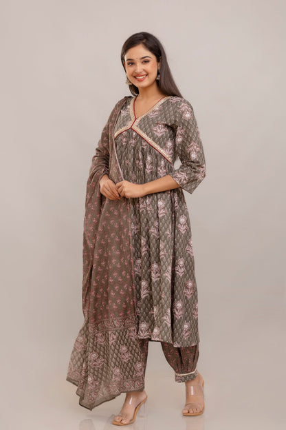 Anam jaipuri Cotton Printed Alia Cut Dupatta Set