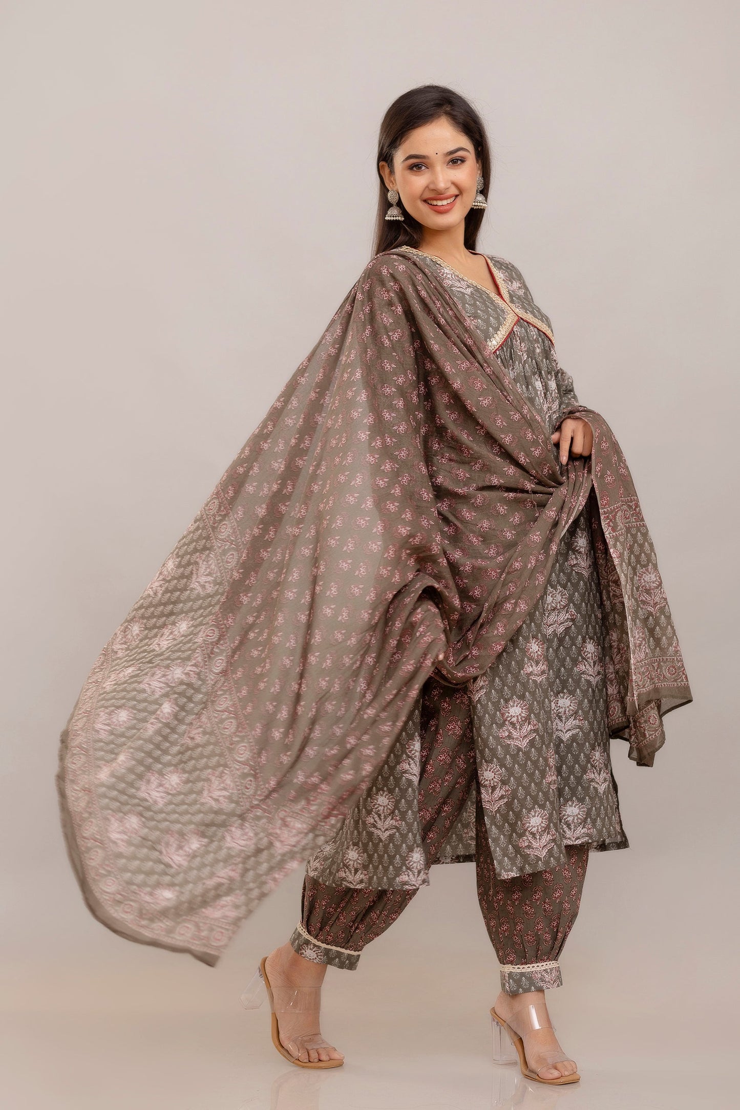 Anam jaipuri Cotton Printed Alia Cut Dupatta Set