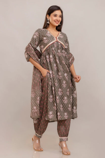 Anam jaipuri Cotton Printed Alia Cut Dupatta Set