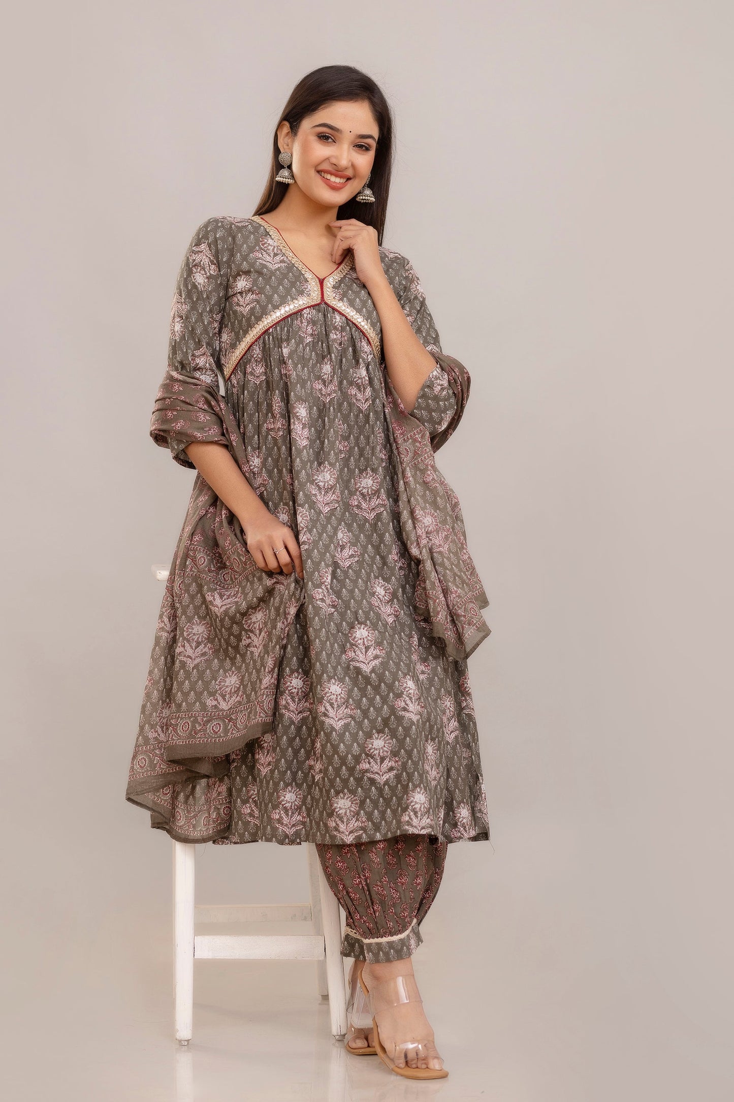 Anam jaipuri Cotton Printed Alia Cut Dupatta Set