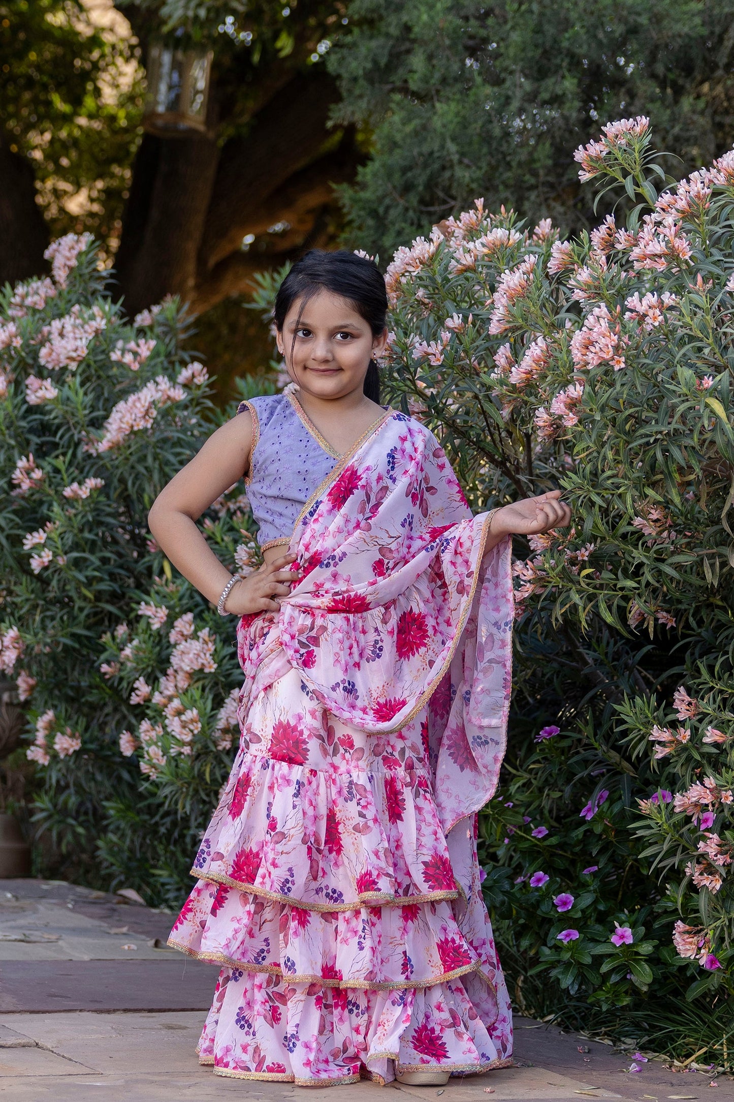 Cutie Diva Girls Pre Draped Ready To Wear Saree With schiffli Blouse