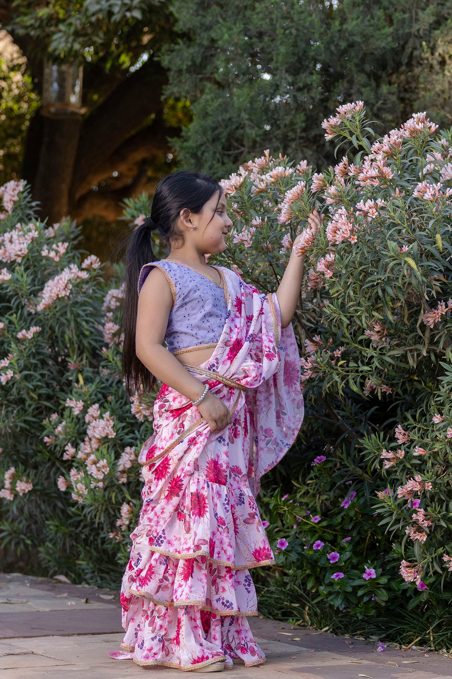 Cutie Diva Girls Pre Draped Ready To Wear Saree With schiffli Blouse